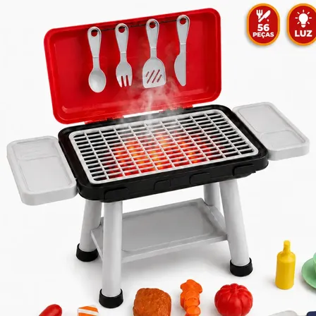 Mini Churrasqueira Infantil Chef do Churrasco com 56 Acessórios Som E Luzes Brinquedo de Faz de Conta Acima de 3 Anos
