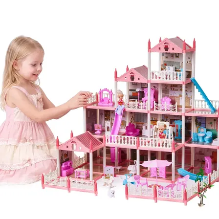 MoveBrinca Casa de Boneca Infantil 4 Andares com Luzes LED 14 Ambientes Móveis E Acessórios Brinquedo de Montar para Meninas com Escorregador Balanço Decoração de Casinha Faz de Conta