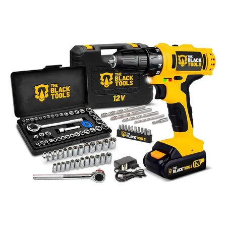 Parafusadeira Furadeira Sem Fio Bateria 12v P/ Madeira Metal Tb-12e The Black Tools com Jogo de Soquetes 40 Peças