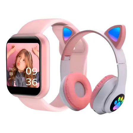 Relógio Smartwatch Feminino + Fone de Ouvido Lad Gatinho Cor Rosa
