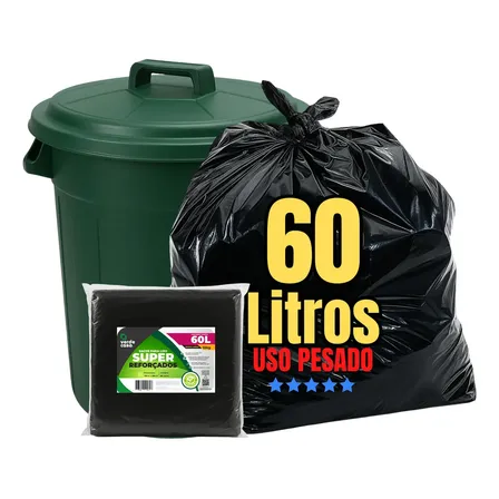 Saco de lixo 60 Litros Reforçado Extra Forte Boca Larga Tamanho Especial Uso Pesado 60L 100 Micras Verdecasa Ideal para Condomínios Restaurantes Empresas Hotéis Escolas