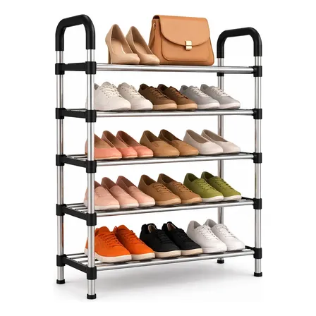 Sapateira Vertical 5 Prateleiras Aço Inox 15 Pares Organizador de Calçados Rack Sapateira Estante Porta Sapatos Armário Organizador Multiuso para Quarto Closet Sala Entrada Casa Apartamento