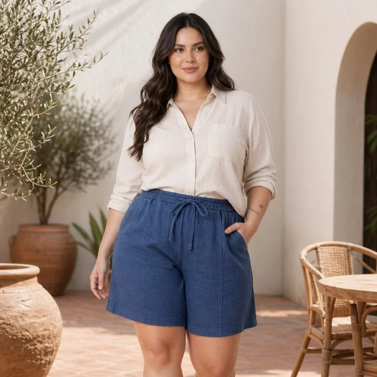 Short de Linho Plus Size com Bolsos
