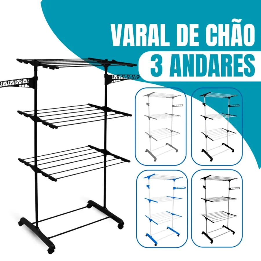 Varal de Chão 3 Andares com Rodinhas