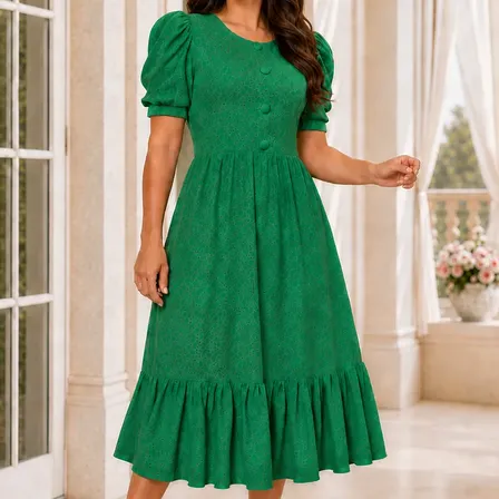 Vestido Evangélico Midi Lese de Malha Manga Princesa Igreja