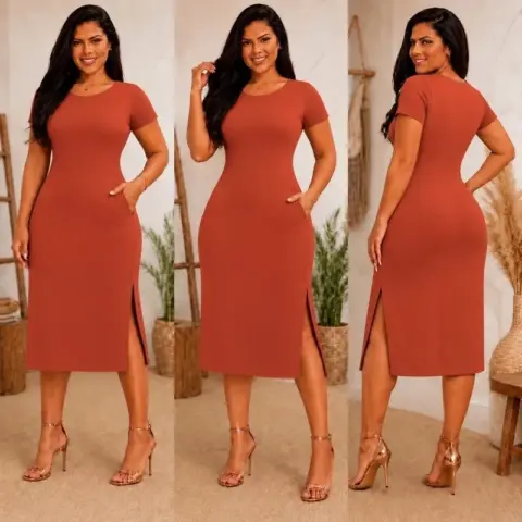 Vestido Midi Casual com Bolso e Fenda