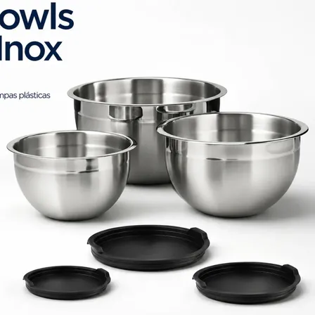 Vittak Conjunto 3 Bowls de Inox com Tampas Plásticas Utensílios de Cozinha Tamanhos Variados